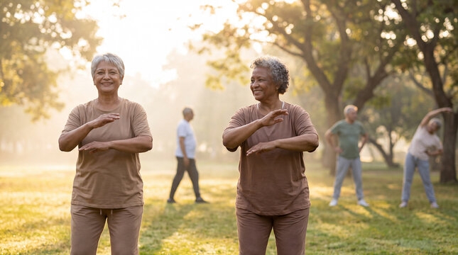 Two joyful senior women practice tai chi together in a park for Grandparents Day posters