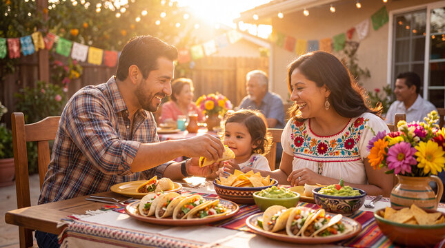 A Latino family enjoys tacos together at a festive Hispanic Heritage Month dinner table marketing image