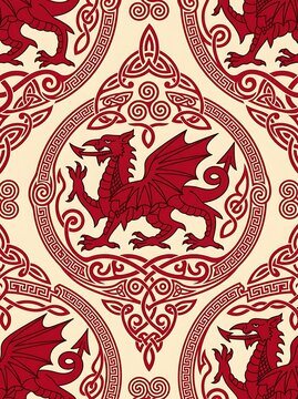 Red celtic dragon pattern with traditional knotwork and spirals
