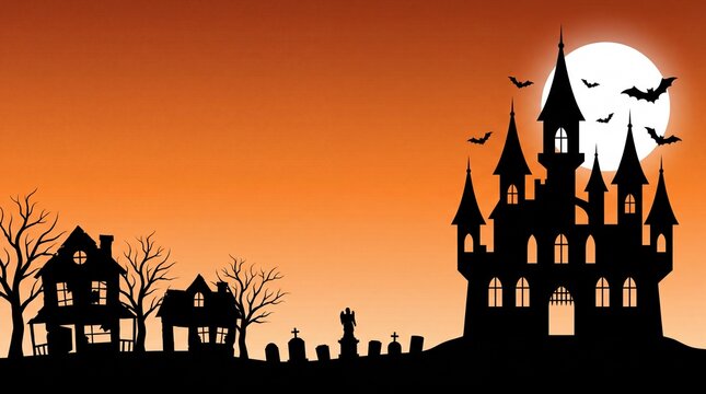 Halloween 2021. City panorama in halloween style. Scary halloween isolated background. Orange and yellow background. Vector illustration