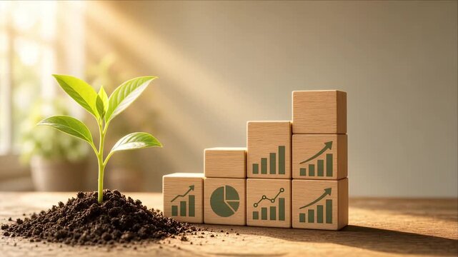 Sustainability business seedling growth chart wooden block finance investment strategy concept with plant seedling soil, wooden block chart graph beside desk soft sunlight for planning and success