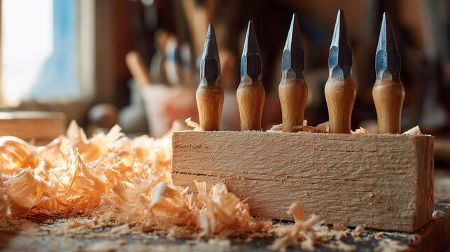 Sharp pointed metal chisels standing in wooden block with fine shavings on a busy workshop table