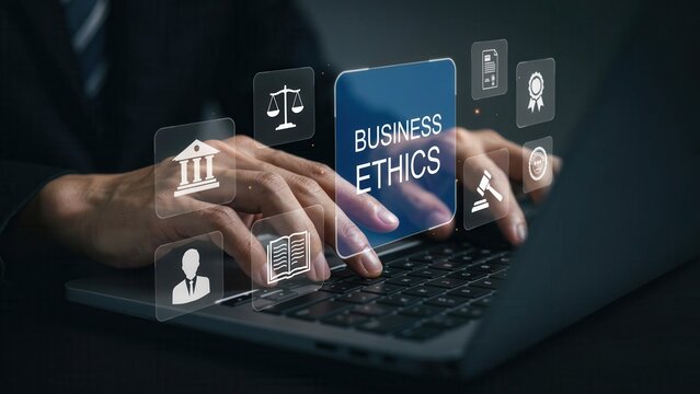 Business ethics concept with professional typing on laptop