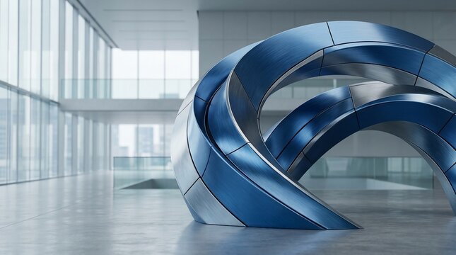 Modern abstract sculpture with reflective blue and silver surfaces in a bright indoor space