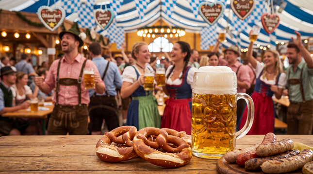 Oktoberfest overflowing beer mug with pretzels and sausages under a festival tent and Ferris wheel celebrates German tradition for festival party promotion