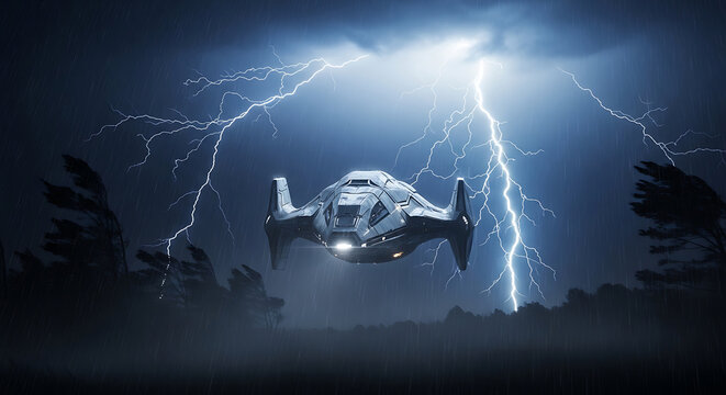 Futuristic Spaceship Flying Through Intense Lightning Storm