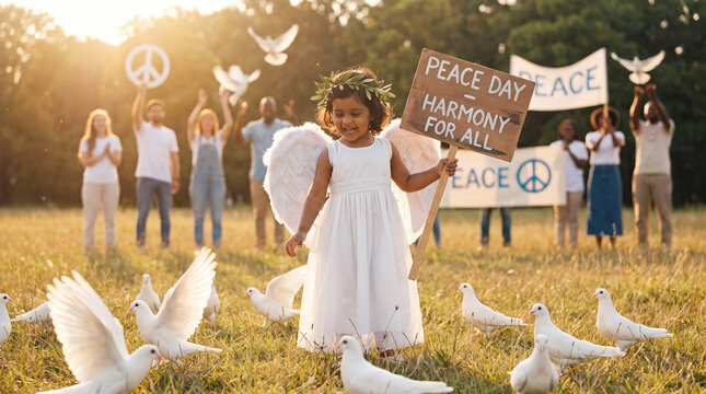 A South Asian child wearing angel wings and olive wreath joins doves on a sunny field for International Day of Peace celebration materials
