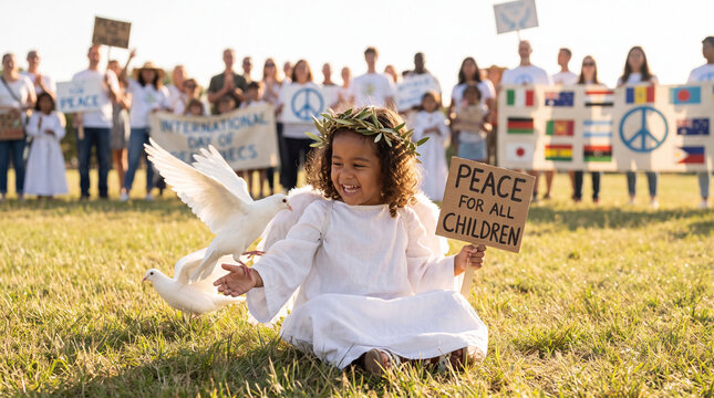 A mixed-heritage toddler in angel costume celebrates peace with doves on an open meadow for International Day of Peace social content