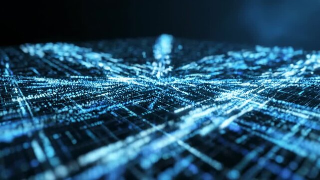 Abstract glowing digital network with blue light particles expanding, representing data flow and cyberspace, ideal for technology themes