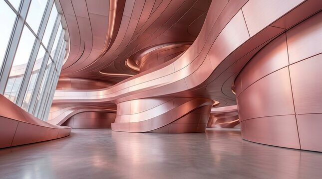 Modern futuristic architecture with flowing rose gold metallic surfaces