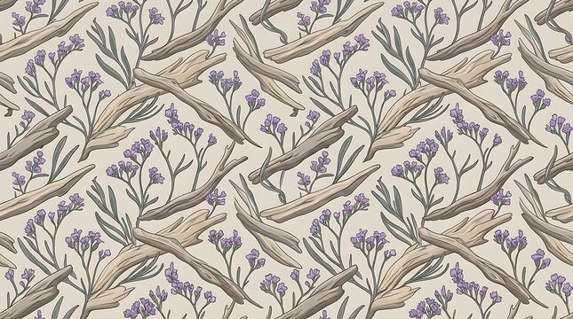 Seamless floral pattern with driftwood branches and purple flowers