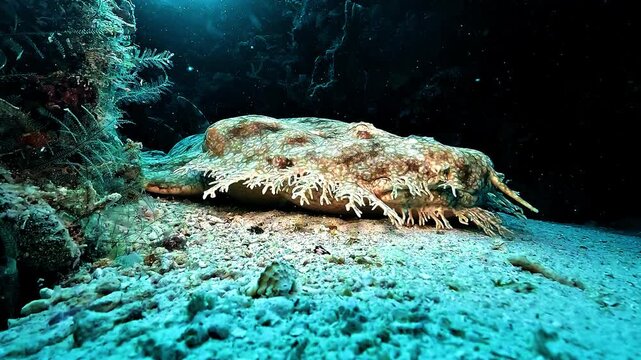 Ground-level static shot of a sleeping tasselled wobbegong, Eucrossorhinus dasypogon, showing its shaggy beard-like dermal lobes beneath a reef overhang.