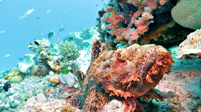 A tasseled scorpionfish, Scorpaenopsis oxycephala, makes a short hop using its fins before the camera moves into a close-up of its heavily camouflaged head.