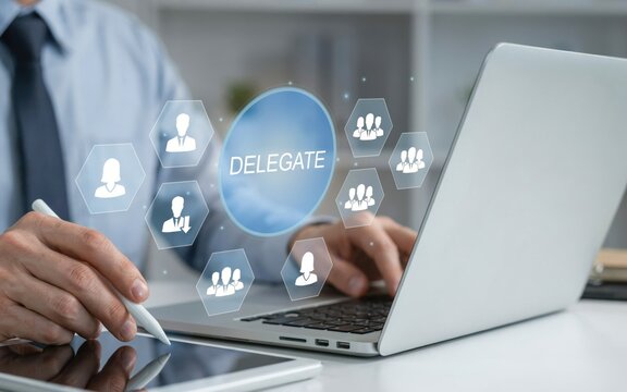Businessman using digital tablet and laptop to delegate tasks