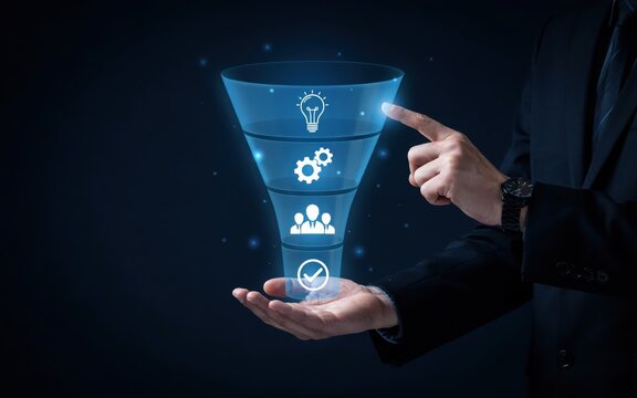 Businessman holding a digital business funnel concept