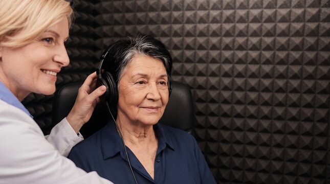 Audiologist conducting a hearing test on a senior woman