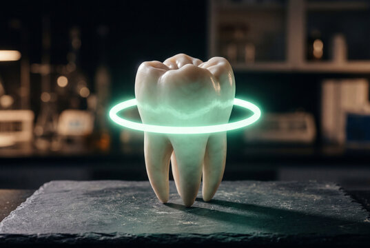 White molar tooth surrounded by a glowing green neon ring resting on a dark stone surface table