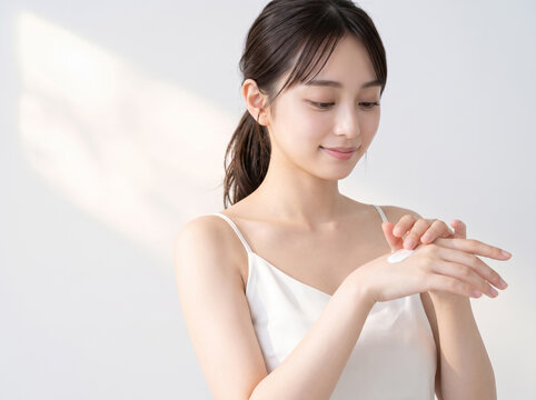 手に日焼け止めクリームをのせて丁寧に優しくマッサージするキャミソール姿の女性