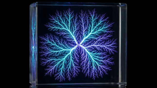 High-voltage Lichtenberg figure fractal lightning pattern captured inside clear acrylic glass cube with glowing cyan and violet electric light