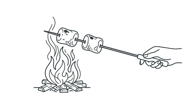 Hand roasting marshmallows over campfire illustration