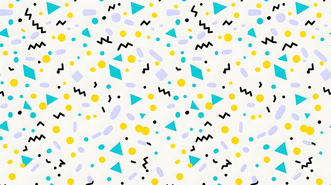 Vibrant seamless Memphis pattern with teal triangles, yellow circles, and black zig-zags on an off-white background for modern design