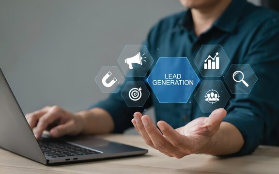 Businessman using laptop with digital lead generation