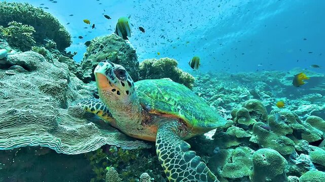 Close-up of a hawksbill sea turtle, Eretmochelys imbricata, resting on a coral reef, easily recognized by its narrow head and hooked beak.