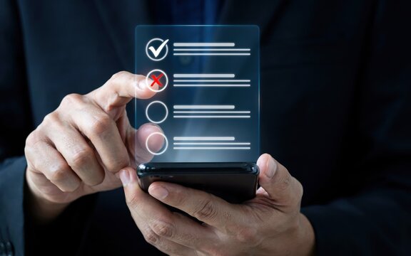 Businessman using smartphone with digital checklist interface