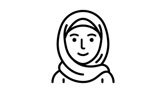 Minimalist vector illustration of a smiling woman wearing a traditional hijab featuring clean black outlines isolated on a white background for professional digital user interface design