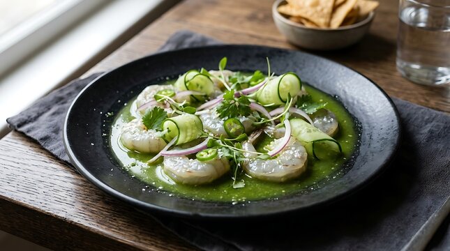 Fresh shrimp aguachile served on a black plate with green sauce and onion. aguachile