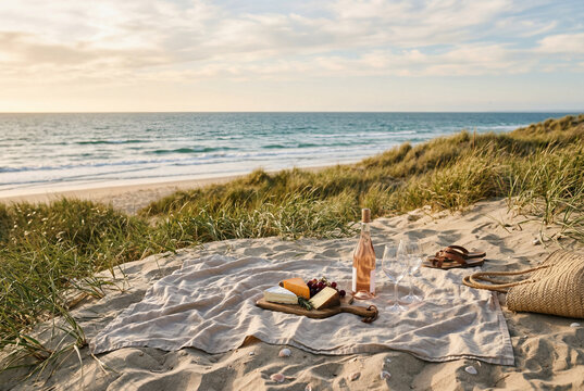 Romantic picnic setup with rose wine and cheese on a sandy beach during a beautiful golden sunset
