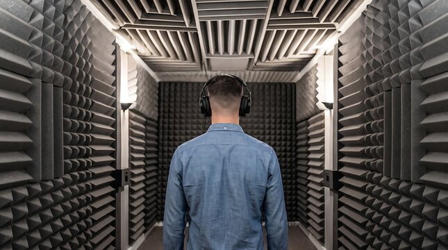 Man with headphones standing in an anechoic soundproof chamber