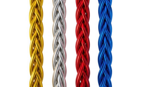 Four vertical metallic chains in gold silver red and blue colors isolated on transparent background