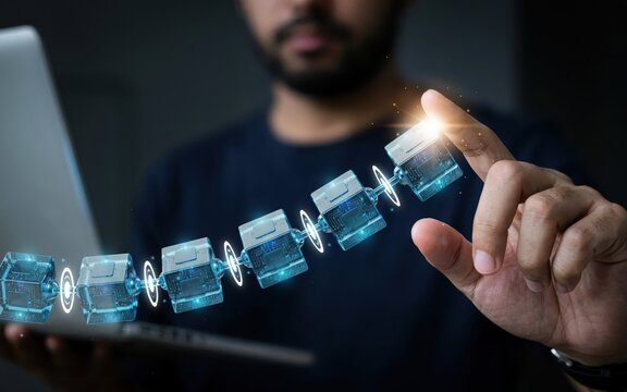 Blockchain technology concept with digital blocks connected