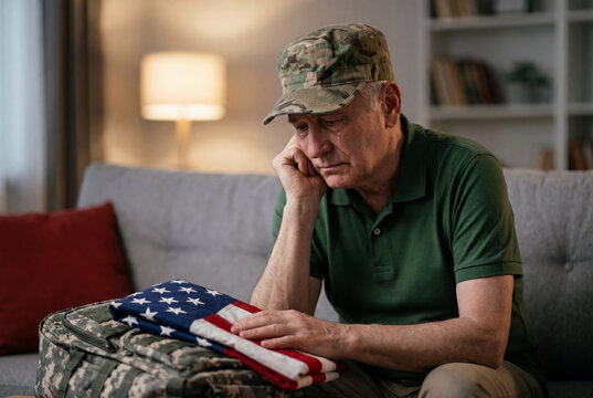 Grieving veteran sitting with a folded american flag
