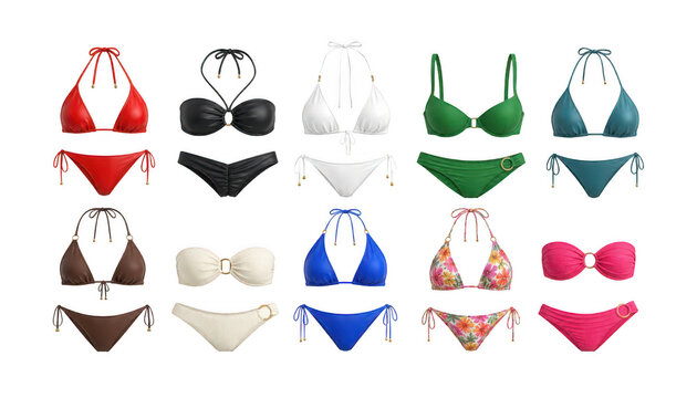 Set of colorful women two-piece swimsuit and bikini designs in various cuts, styles, and patterns isolated on transparent background.