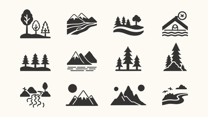 Fototapeta premium Set of nature and landscape icons with mountains and trees