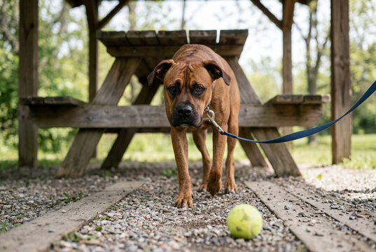 Sad brown dog standing under a wooden picnic table by a tennis ball
