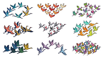 Fototapeta premium Colorful vector illustration set of migrating birds in flock formations.