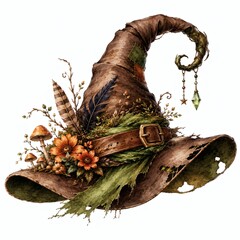 Fototapeta premium Rustic Brown Witch Hat with Orange Flowers, Mushrooms and Olive Green Details