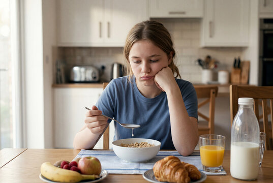 Sad teenage girl looking at a bowl of cereal during breakfast