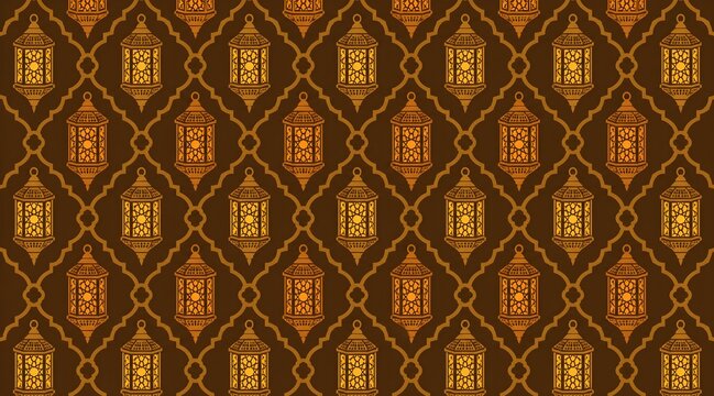 Moroccan lantern-motif inspired pattern, small stylized hexagonal lantern silhouettes repeated in a grid, warm amber and brown color scheme, seamless flat vector.