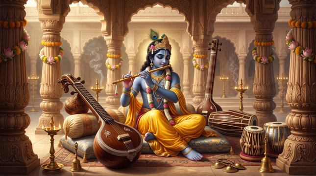 Krishna playing flute inside an ornate temple pavilion surrounded by traditional musical instruments, lamps, flowers, garlands, and carved pillars