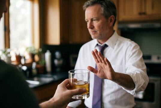 Man in a white shirt raises his hand to refuse a glass of whiskey offered by another person