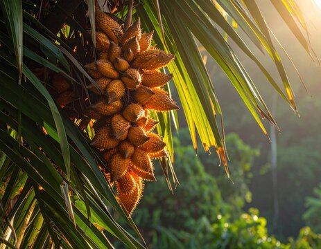 Cluster of salak snake fruit on a palm tree.