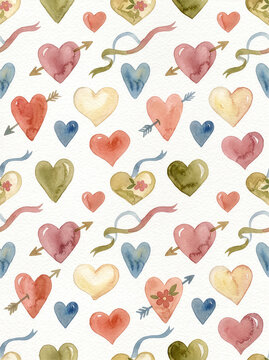 Valentine 144 Watercolor Hearts with Cupid Arrows, Floral Patterns and Ribbons Seamless Pattern on White Paper Texture（白のアート紙テクスチャ背景に描かれた水彩の矢刺しハートと小花模様およびリボンのシームレスパターン）