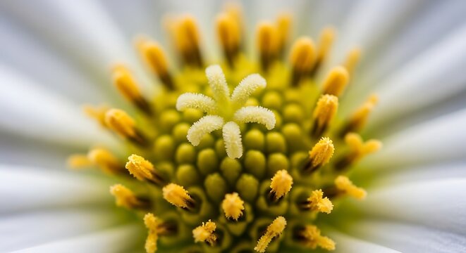 Extreme macro shot of a white flower center with yellow stamens and a star-shaped pistil