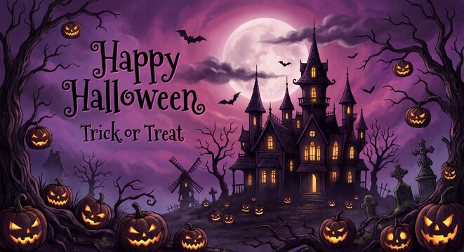 Happy halloween banner or party invitation background with violet fog clouds and pumpkins