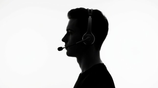 Silhouette of a young man wearing a headset for customer support and communication