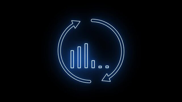 Neon glowing bar chart with rotating arrows animation for business growth and data analytics